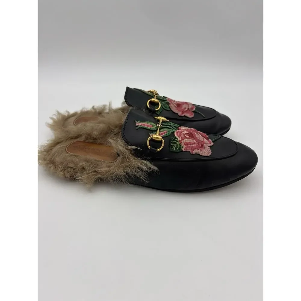 Gucci Princetown Loafer Black Leather Rose Embroidered Horsebit Size 38 / 8 Fur - Picture 4 of 16
